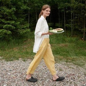 NEW LINENFOX Frankie Yellow Gingham Trousers Sz S-M